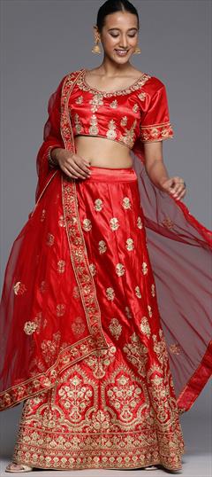 Festive, Party Wear Red and Maroon color Lehenga in Satin Silk, Silk fabric with A Line Embroidered, Stone, Thread, Zari work : 1769101