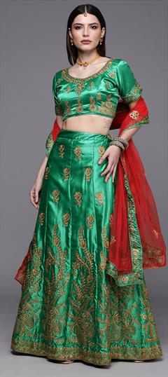 Festive, Party Wear Green color Lehenga in Satin Silk, Silk fabric with A Line Embroidered, Thread, Zari work : 1769103