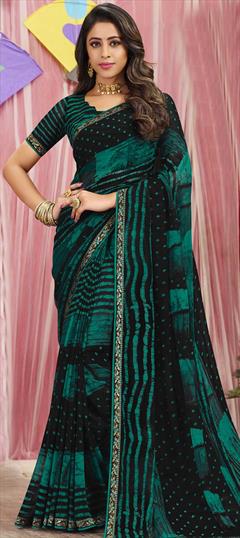 Casual, Party Wear Black and Grey, Blue color Saree in Georgette fabric with Classic Lace, Printed work : 1769223