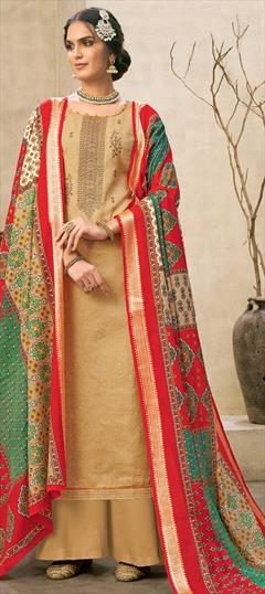 Festive, Mehendi Sangeet, Party Wear Beige and Brown color Salwar Kameez in Cotton fabric with Palazzo Embroidered, Printed, Resham, Stone, Swarovski, Thread, Zari work : 1769262