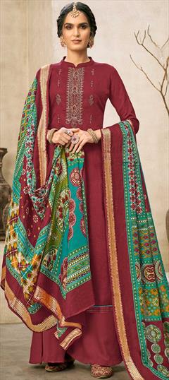 Festive, Party Wear Red and Maroon color Salwar Kameez in Cotton fabric with Palazzo Embroidered, Printed, Resham, Stone, Swarovski, Thread, Zari work : 1769263