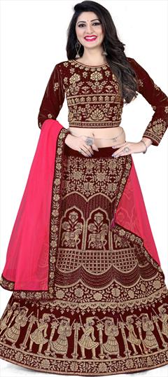 Bridal, Wedding Red and Maroon color Lehenga in Velvet fabric with A Line Stone, Swarovski work : 1769280