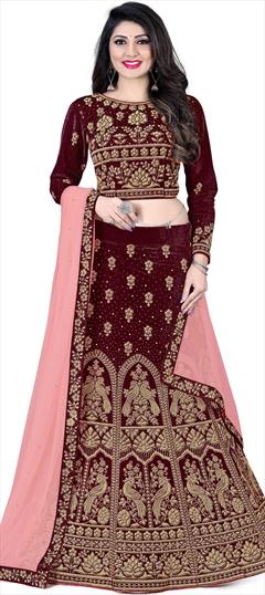 Festive, Party Wear Red and Maroon color Lehenga in Velvet fabric with A Line Stone, Swarovski work : 1769283
