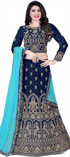 Festive, Party Wear Blue color Lehenga in Velvet fabric with A Line Stone, Swarovski work : 1769288