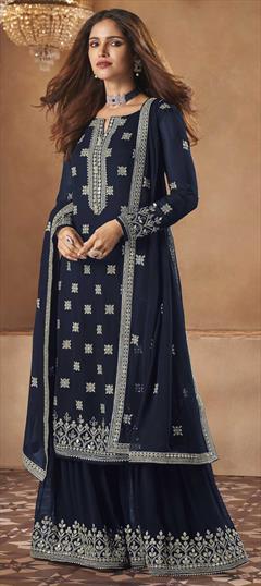 Bollywood Blue color Salwar Kameez in Georgette fabric with Palazzo Embroidered, Lace, Sequence, Thread work : 1769314