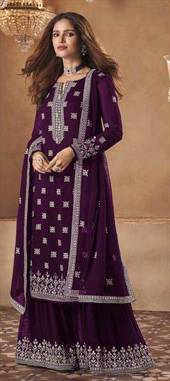 Bollywood Purple and Violet color Salwar Kameez in Georgette fabric with Palazzo Embroidered, Lace, Sequence, Thread work : 1769320