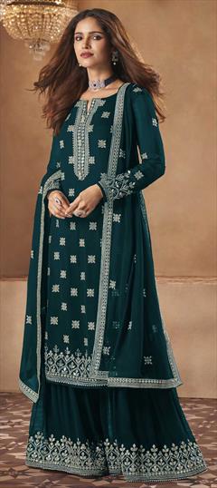 Bollywood Blue color Salwar Kameez in Georgette fabric with Palazzo Embroidered, Lace, Sequence, Thread work : 1769321