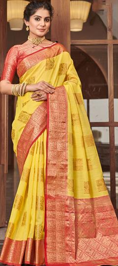 Traditional Yellow color Saree in Linen fabric with Bengali Weaving work : 1769713