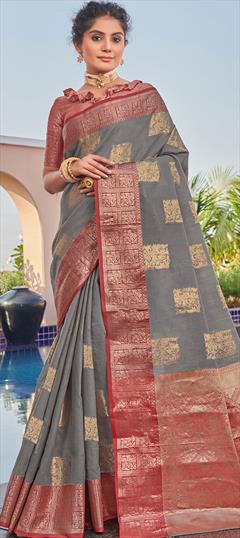 Traditional Black and Grey color Saree in Linen fabric with Bengali Weaving work : 1769719