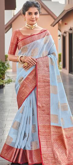 Traditional Blue color Saree in Linen fabric with Bengali Weaving work : 1769721