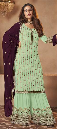 Festive, Party Wear Green color Salwar Kameez in Faux Georgette fabric with Sharara Embroidered, Mirror, Thread work : 1769975
