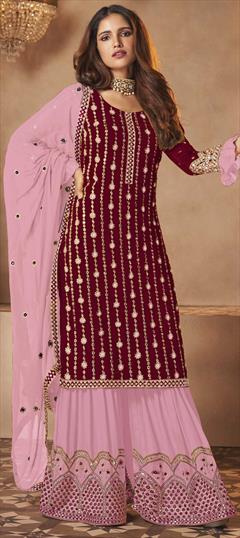 Festive, Party Wear Red and Maroon color Salwar Kameez in Faux Georgette fabric with Sharara Embroidered, Mirror, Thread work : 1769979