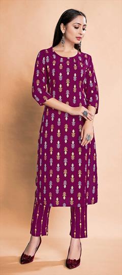 Casual, Party Wear Purple and Violet color Tunic with Bottom in Rayon fabric with Foil Print work : 1770185