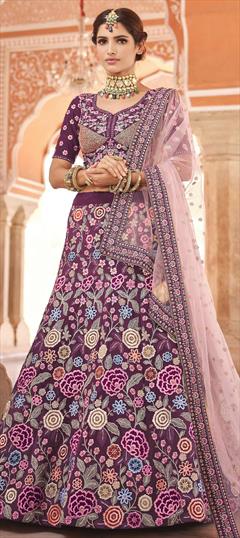 Bridal, Wedding Purple and Violet color Lehenga in Crepe Silk fabric with A Line Embroidered, Sequence, Thread, Zircon work : 1770228