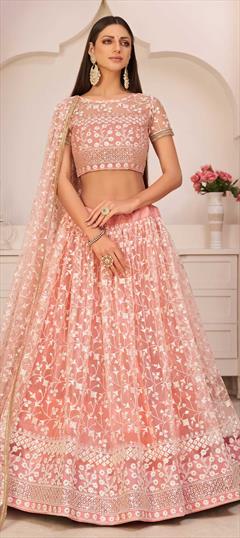 Mehendi Sangeet, Reception, Wedding Pink and Majenta color Lehenga in Net fabric with A Line Embroidered, Sequence, Thread, Zari work : 1770432