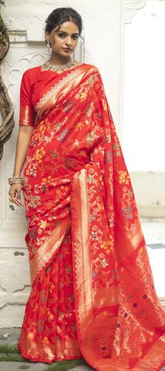 Traditional Red and Maroon color Saree in Banarasi Silk, Silk fabric with South Weaving work : 1770457