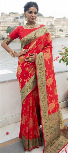 Traditional Red and Maroon color Saree in Banarasi Silk, Silk fabric with South Weaving work : 1770465