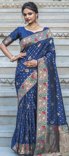 Traditional Blue color Saree in Banarasi Silk, Silk fabric with South Weaving work : 1770473