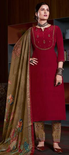 Festive, Party Wear Red and Maroon color Salwar Kameez in Crepe Silk fabric with Straight Digital Print, Embroidered, Resham, Zari work : 1770598