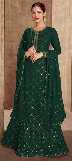 Engagement, Reception Green color Long Lehenga Choli in Georgette fabric with Embroidered, Sequence, Thread work : 1770705