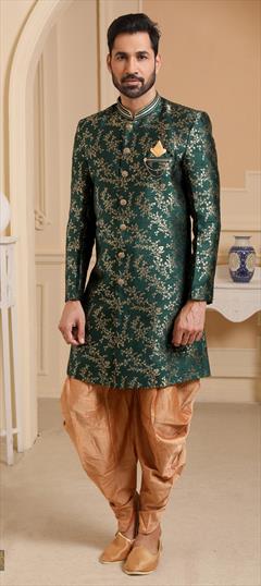Green color IndoWestern Dress in Brocade, Jacquard fabric with Broches, Weaving work : 1771126