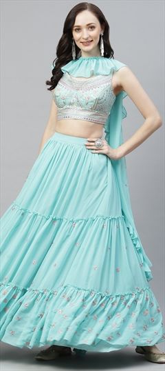 Festive, Party Wear Green color Lehenga in Georgette fabric with Ruffle Thread work : 1771225