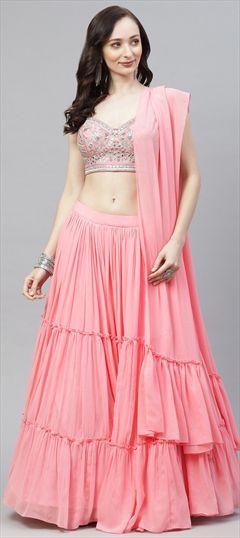 Festive, Party Wear Pink and Majenta color Lehenga in Georgette fabric with Ruffle Thread work : 1771226