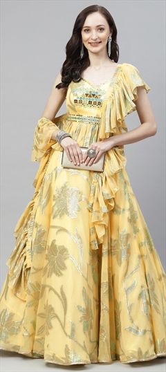 Festive, Party Wear Yellow color Lehenga in Faux Georgette fabric with Flared Weaving work : 1771236