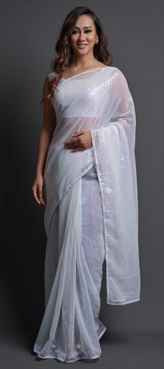 Festive, Party Wear White and Off White color Saree in Georgette fabric with Classic Embroidered, Sequence, Thread work : 1771267