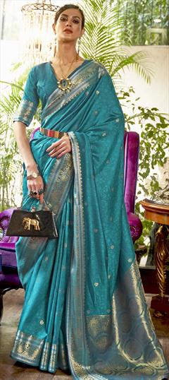 Traditional Blue color Saree in Kanchipuram Silk, Silk fabric with South Weaving work : 1771367