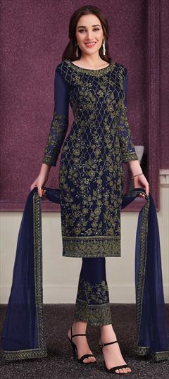 Party Wear Blue color Salwar Kameez in Satin Silk fabric with Straight Embroidered, Sequence, Thread work : 1771398