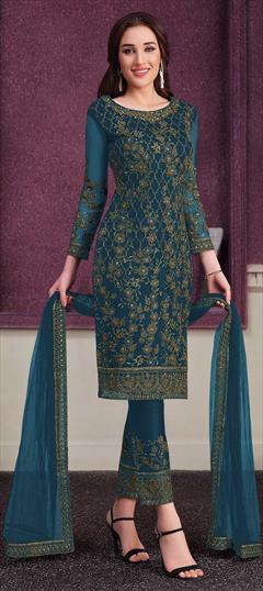 Party Wear Blue color Salwar Kameez in Satin Silk fabric with Straight Embroidered, Sequence, Thread work : 1771401