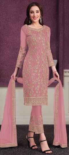 Party Wear Pink and Majenta color Salwar Kameez in Satin Silk fabric with Straight Embroidered, Sequence, Thread work : 1771406