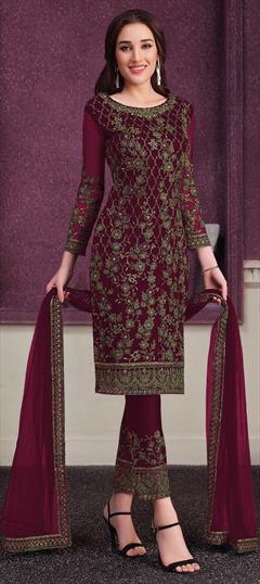 Party Wear Pink and Majenta color Salwar Kameez in Satin Silk fabric with Straight Embroidered, Sequence, Thread work : 1771411