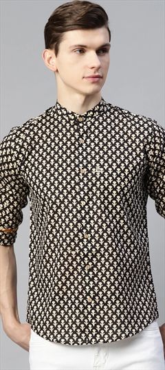 Black and Grey color Shirt in Cotton fabric with Curved Printed work : 1771415