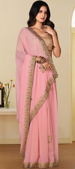Engagement, Party Wear, Wedding Pink and Majenta color Saree in Georgette fabric with Classic Stone, Thread work : 1771597
