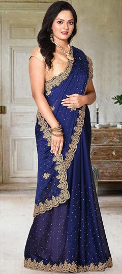 Traditional, Wedding Blue color Saree in Satin Silk, Silk fabric with South Stone, Thread work : 1771610