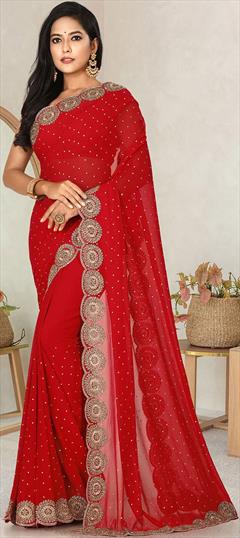 Engagement, Party Wear, Wedding Red and Maroon color Saree in Georgette fabric with Classic Stone, Thread work : 1771614