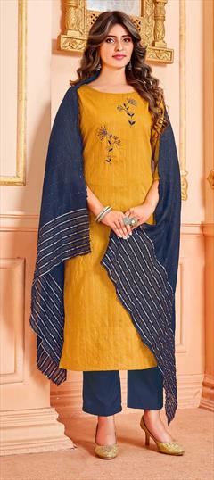 Festive, Party Wear Yellow color Salwar Kameez in Cotton fabric with Straight Cut Dana, Thread, Weaving work : 1771878