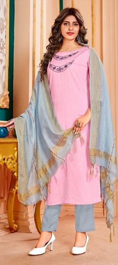 Festive, Party Wear Pink and Majenta color Salwar Kameez in Cotton fabric with Straight Cut Dana, Thread, Weaving work : 1771879