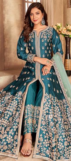Festive, Party Wear Blue color Salwar Kameez in Art Silk fabric with Anarkali, Slits Embroidered, Thread, Zari work : 1771910