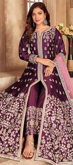 Festive, Party Wear Purple and Violet color Salwar Kameez in Art Silk fabric with Anarkali, Slits Embroidered, Thread, Zari work : 1771917