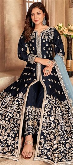 Festive, Party Wear Blue color Salwar Kameez in Art Silk fabric with Anarkali, Slits Embroidered, Thread, Zari work : 1771919