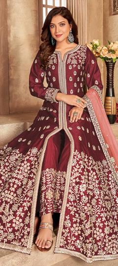 Festive, Party Wear Red and Maroon color Salwar Kameez in Art Silk fabric with Anarkali, Slits Embroidered, Thread, Zari work : 1771920