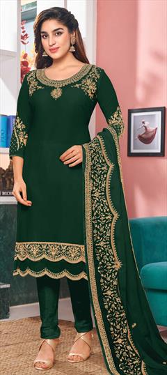 Festive, Party Wear Green color Salwar Kameez in Faux Georgette fabric with Straight Embroidered, Stone, Thread work : 1771928