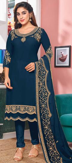 Festive, Party Wear Blue color Salwar Kameez in Faux Georgette fabric with Straight Embroidered, Stone, Thread work : 1771932