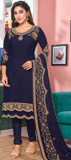 Festive, Party Wear Blue color Salwar Kameez in Faux Georgette fabric with Straight Embroidered, Stone, Thread work : 1771936