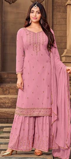 Festive, Mehendi Sangeet, Party Wear Pink and Majenta color Salwar Kameez in Georgette fabric with Sharara Embroidered, Stone, Thread work : 1771946