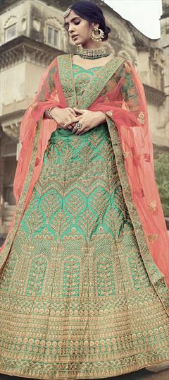 Bridal, Wedding Green color Lehenga in Satin Silk fabric with A Line Embroidered, Stone, Thread, Zari work : 1772082