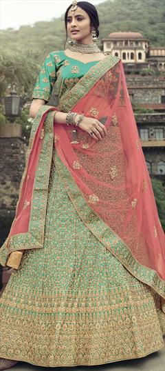 Bridal, Wedding Green color Lehenga in Satin Silk fabric with A Line Embroidered, Stone, Thread, Zari work : 1772085
